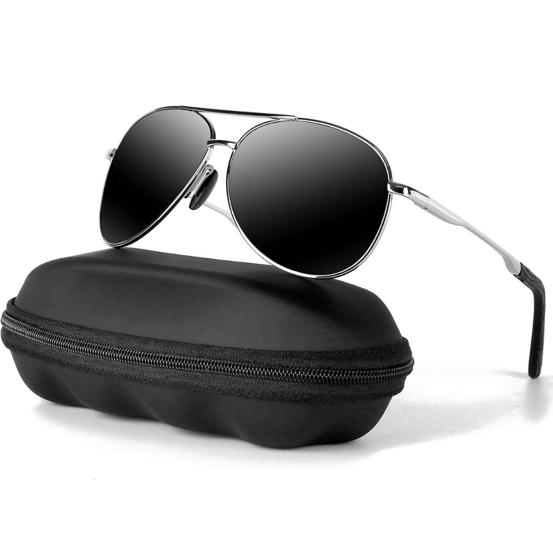 Driving sunglasses: Polarized aviator style for glare reduction & UV protection.