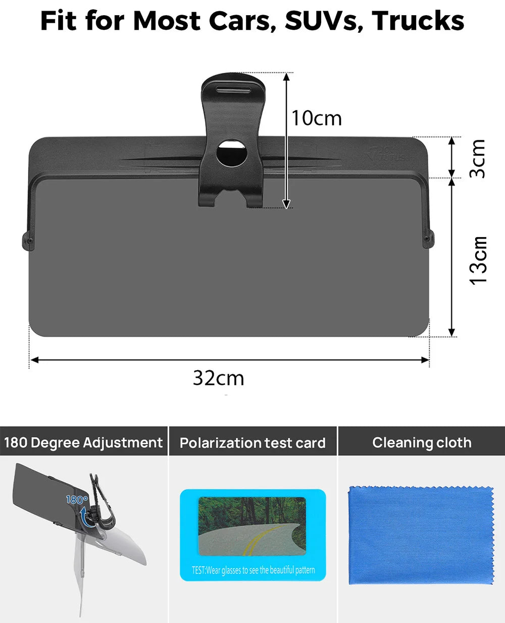 Black polarized car sun visor offering glare reduction & UV protection. Improves driving safety & clarity for all vehicles.
