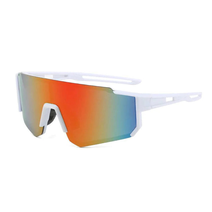 Stylish sports eyewear, white frame polarized lenses, essential UV400 eye protection for cyclists