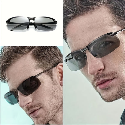 Unisex photochromic driving sunglasses with polarized adaptive lenses for enhanced outdoor vision clarity.