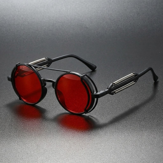 Unisex polarized round sunglasses with a sleek black metal frame, mirror lenses, & 100% UV protection.