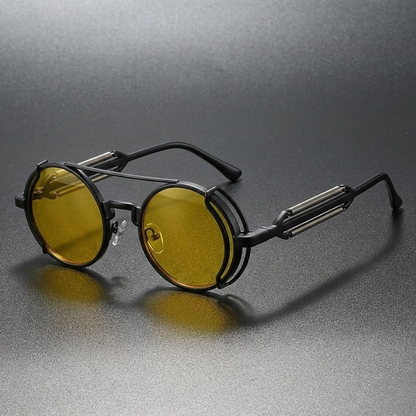 Unisex round polarized eyewear, modern metal frame, mirror finish, blocking harmful UV rays effectively.