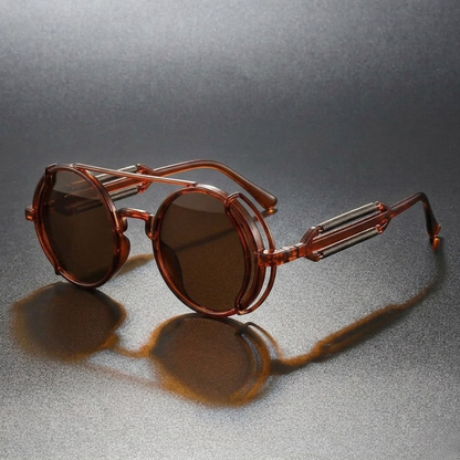 Premium round polarized sunglasses with a slim metal frame, offering superior UV protection & style.