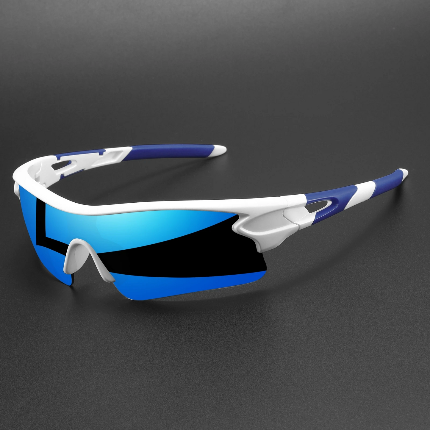 Cyclist wearing lightweight polarized sport sunglasses, ensuring anti-glare & UV protection during performance.