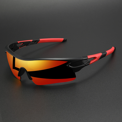 Close-up of polarized sport sunglasses lens demonstrating glare reduction, perfect for outdoor eyewear.