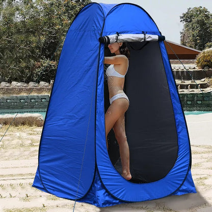 Unisex pop-up portable privacy shower tent for camping, front view, in a forest setting