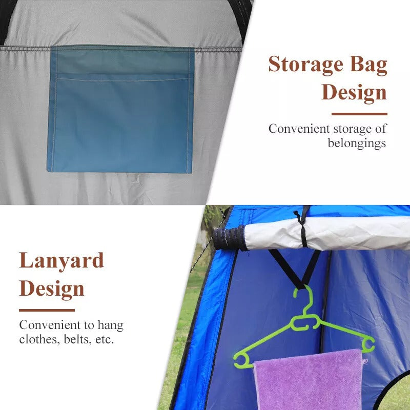Portable shower tent for outdoor use, folded compact in its carrying bag, white background