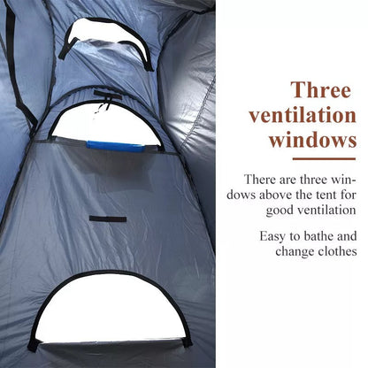 Camping privacy tent with zippered door and mesh window for ventilation, full view