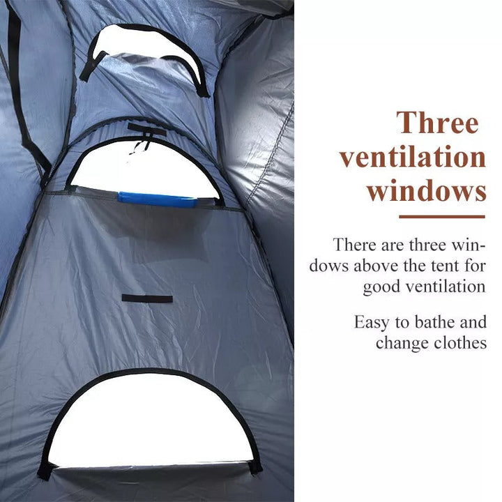 Camping privacy tent with zippered door and mesh window for ventilation, full view