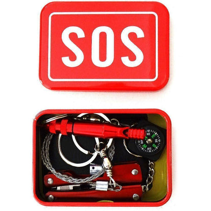 Unisex portable 5-in-1 emergency SOS survival tool box for camping and hiking, main view.