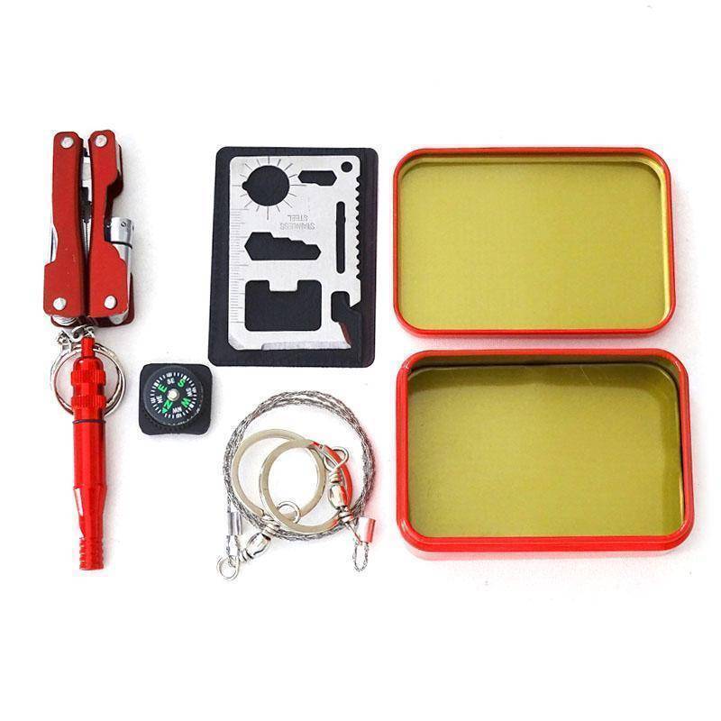 Compact survival gear emergency kit with multiple outdoor tools for preppers and fishing.