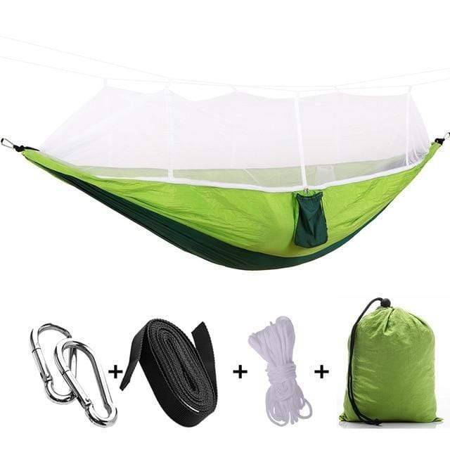 Unisex portable camping hammock with integrated mosquito net, perfect for outdoor enthusiasts and hikers.