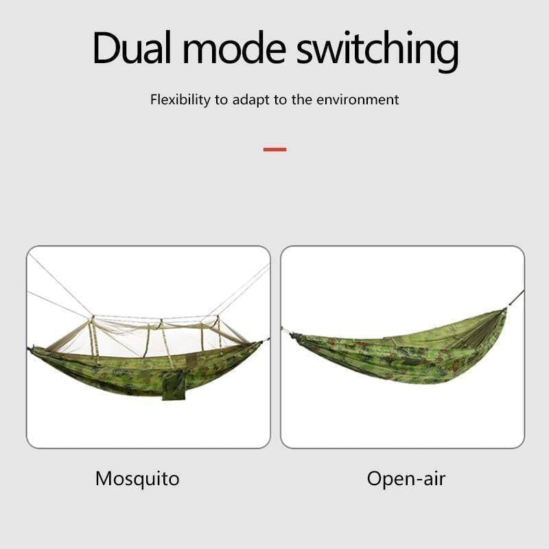 Green camping hammock featuring an attached mosquito net, ideal for protected outdoor sleeping and travel.