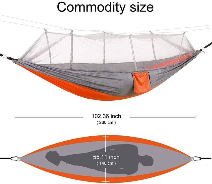Lightweight outdoor portable hammock with mosquito netting, designed for comfortable and insect-free camping.