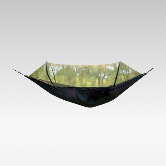 Unisex portable camping hammock with mosquito net for outdoor adventures.