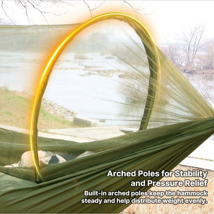 Unisex outdoor travel hammock with mosquito net, providing bug protection.