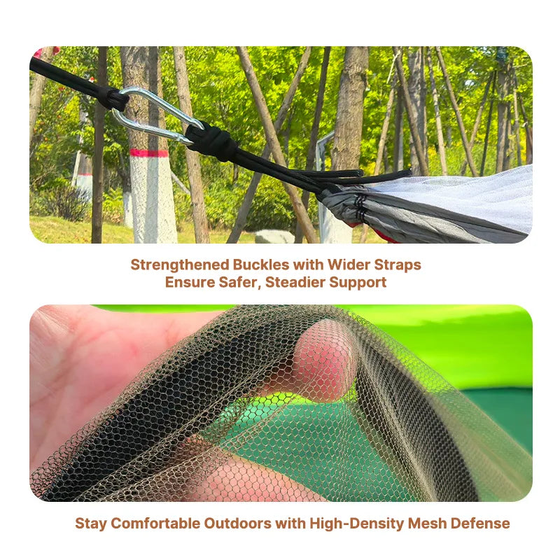 Heavy-duty portable camping hammock with integrated insect net, reliable outdoor gear.