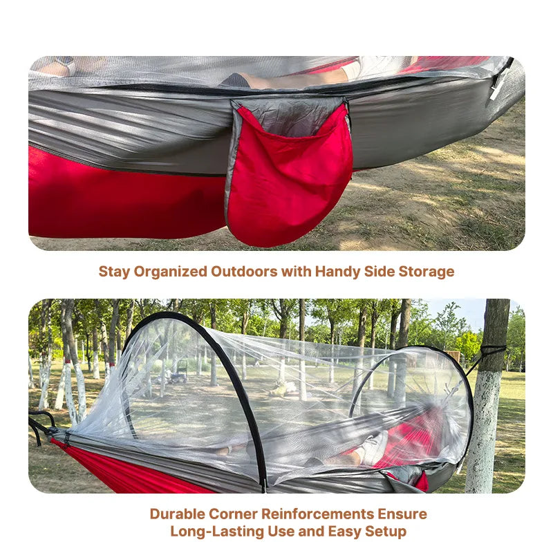 Unisex camping hammock with mosquito net and rain fly attachment points.