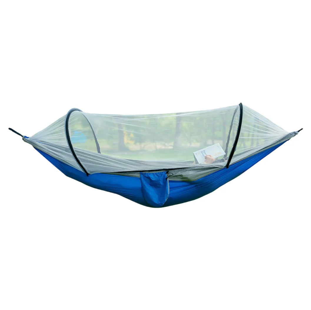 Durable outdoor gear: portable camping hammock with mosquito mesh.