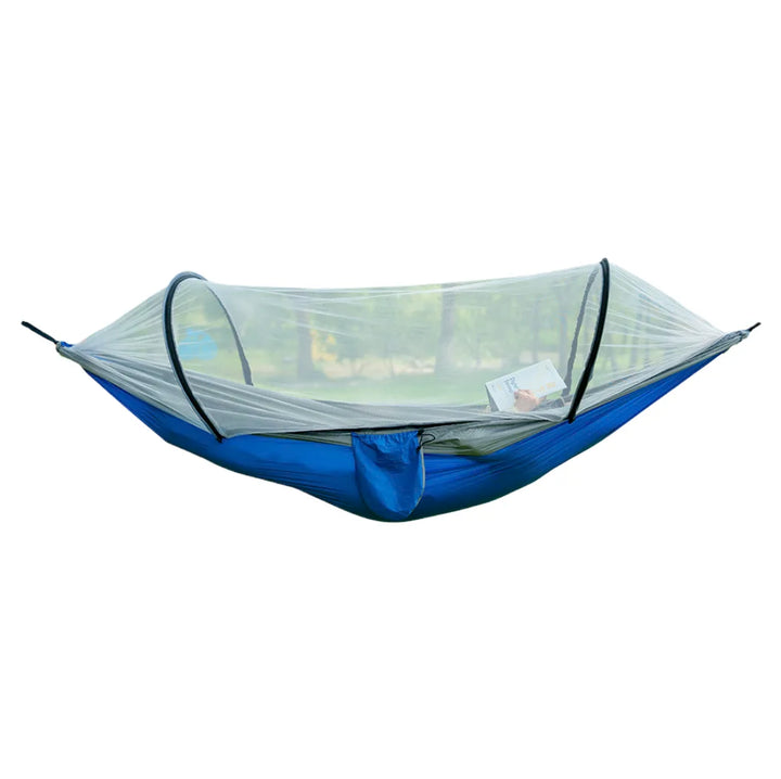 Durable outdoor gear: portable camping hammock with mosquito mesh.
