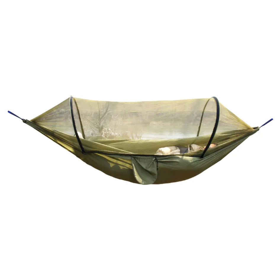 Portable double camping hammock with mosquito net for comfortable outdoor sleeping.