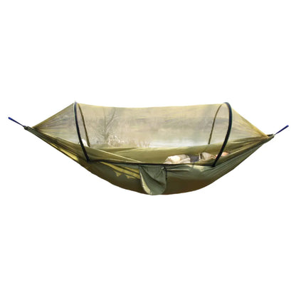 Portable double camping hammock with mosquito net for comfortable outdoor sleeping.