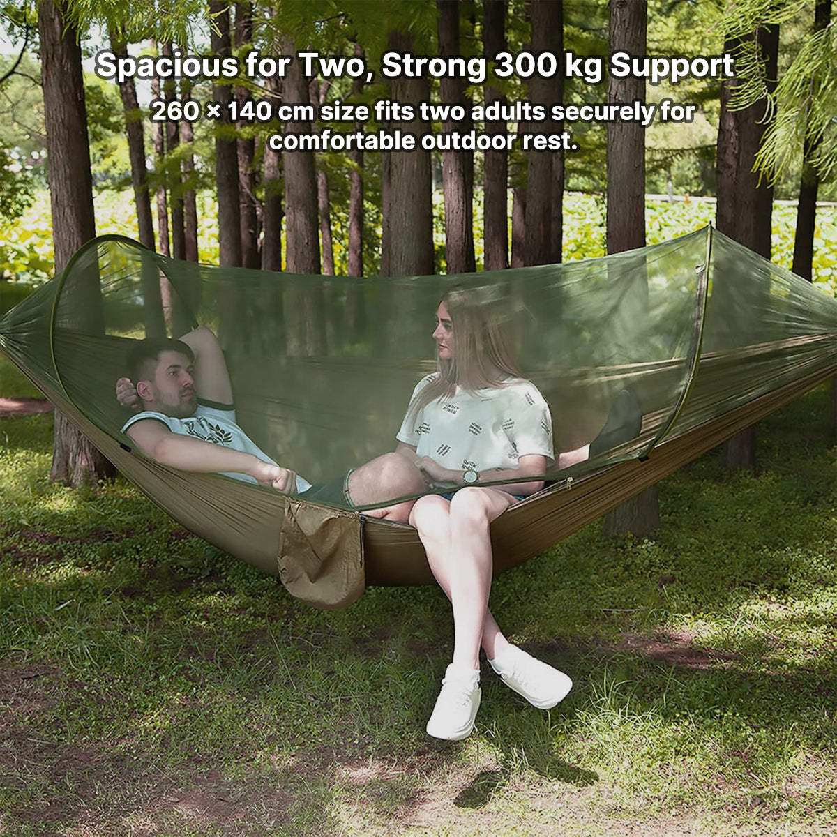 Breathable nylon portable hammock with mosquito net for camping and survival.