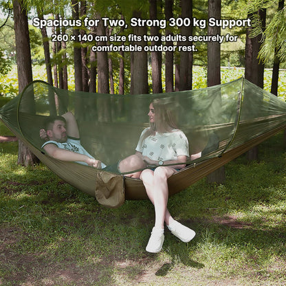 Breathable nylon portable hammock with mosquito net for camping and survival.