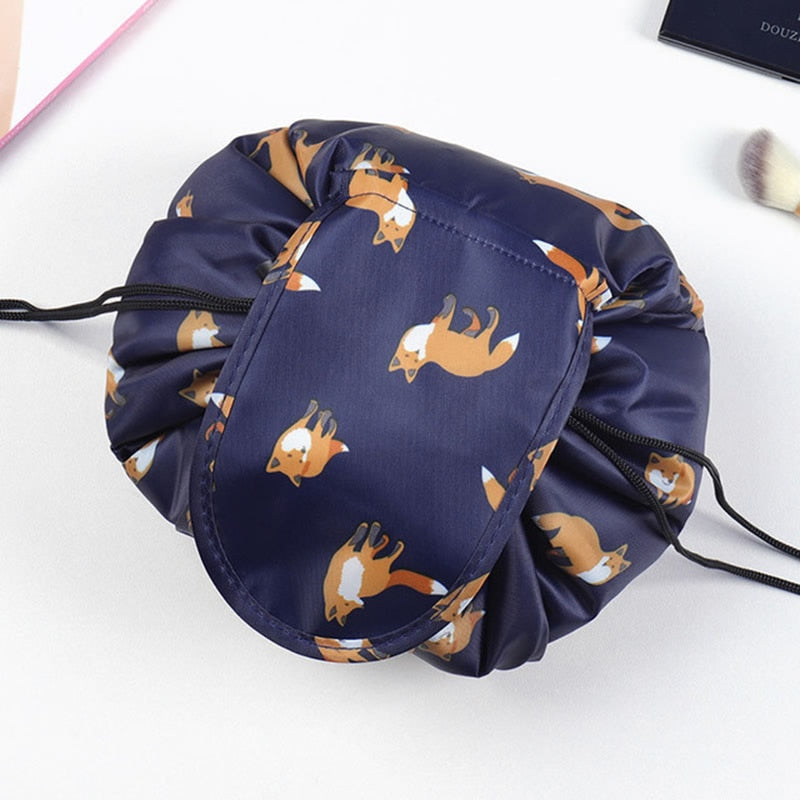 Compact unisex drawstring cosmetic & toiletry bag, waterproof travel organizer for makeup.