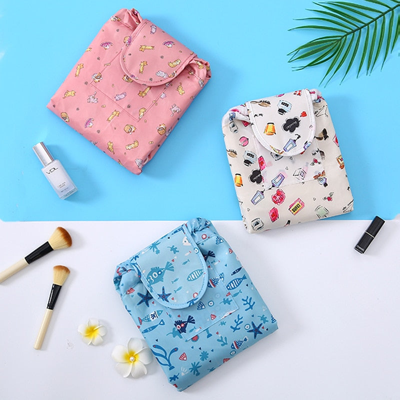 Waterproof drawstring makeup bag, portable travel organizer for beauty products & essentials.