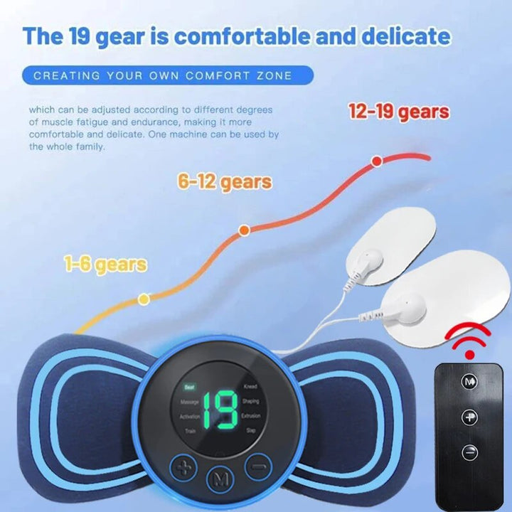 Mini portable electric neck massager & pad for discreet muscle relief. Rechargeable with remote, perfect for travel.