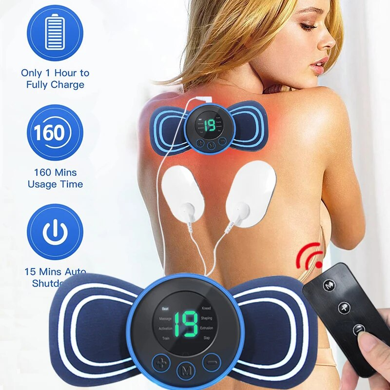 Mini portable electric neck massager & pad for targeted shoulder & back pain relief. Smart, rechargeable device.