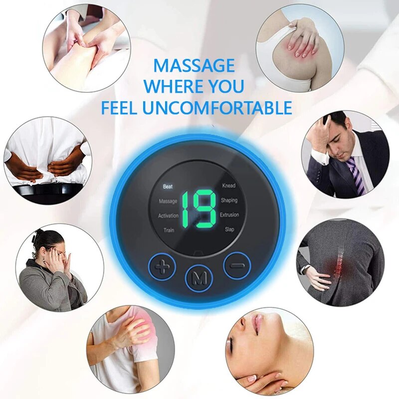 Rechargeable portable electric neck massager with remote control. Soothes neck & shoulder stress, muscle relief.