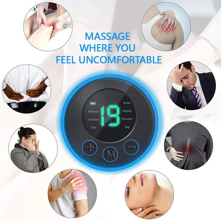 Rechargeable portable electric neck massager with remote control. Soothes neck & shoulder stress, muscle relief.