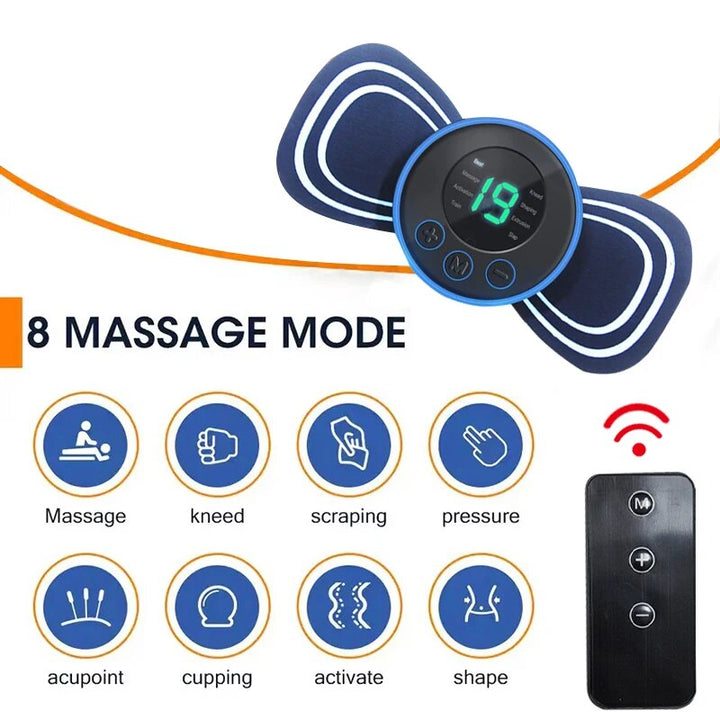 Portable electric neck massager with adhesive pads & remote. Targets neck, shoulder, back pain for muscle relief.
