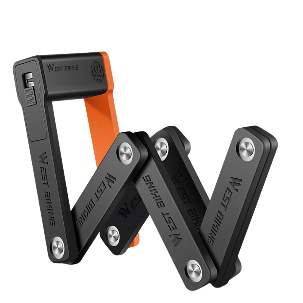 Unisex portable foldable bike lock made of steel, shown compact for easy carrying on a bicycle frame.