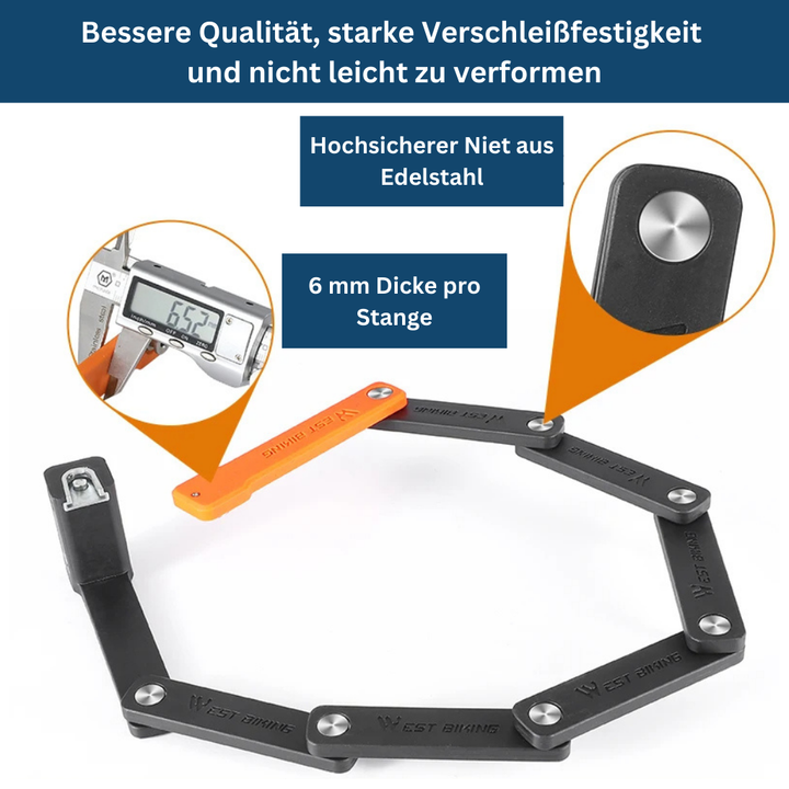 Durable steel foldable bike lock, shown with its keys, illustrating the secure locking mechanism.