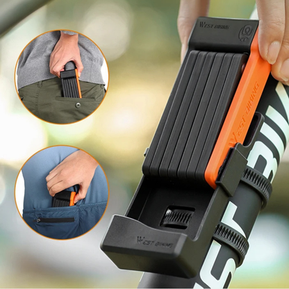 Anti-theft foldable bike lock, angled view, showcasing its heavy-duty links and secure design for cycling.