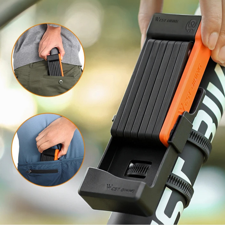 Anti-theft foldable bike lock, angled view, showcasing its heavy-duty links and secure design for cycling.