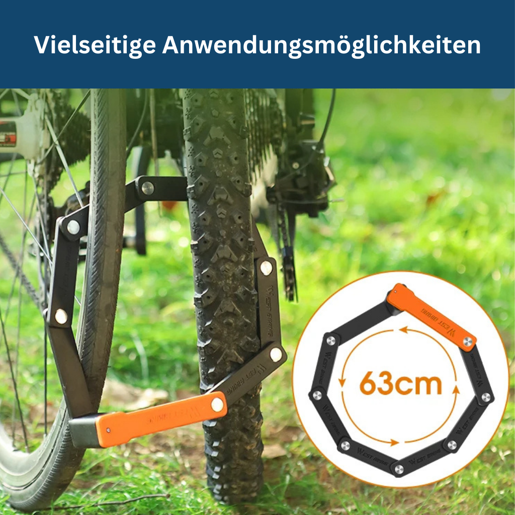 Portable and strong steel bike lock, partially folded, indicating its flexibility and ease of use for security.