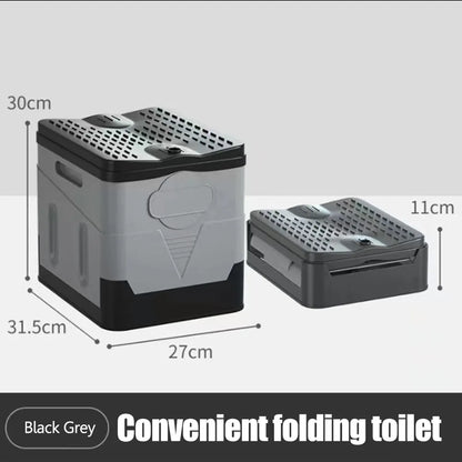 Lightweight portable emergency toilet, black, for camping & outdoor use, easy to fold & carry
