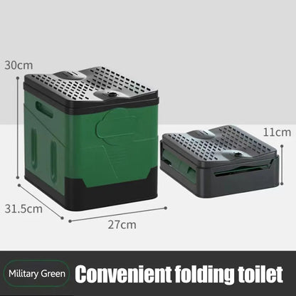 Unisex foldable camping toilet in use, demonstrating portability & convenience for outdoor WC needs