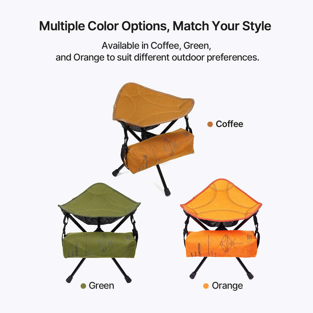 Camping stool in use, showing 360-degree rotation functionality during outdoor activity