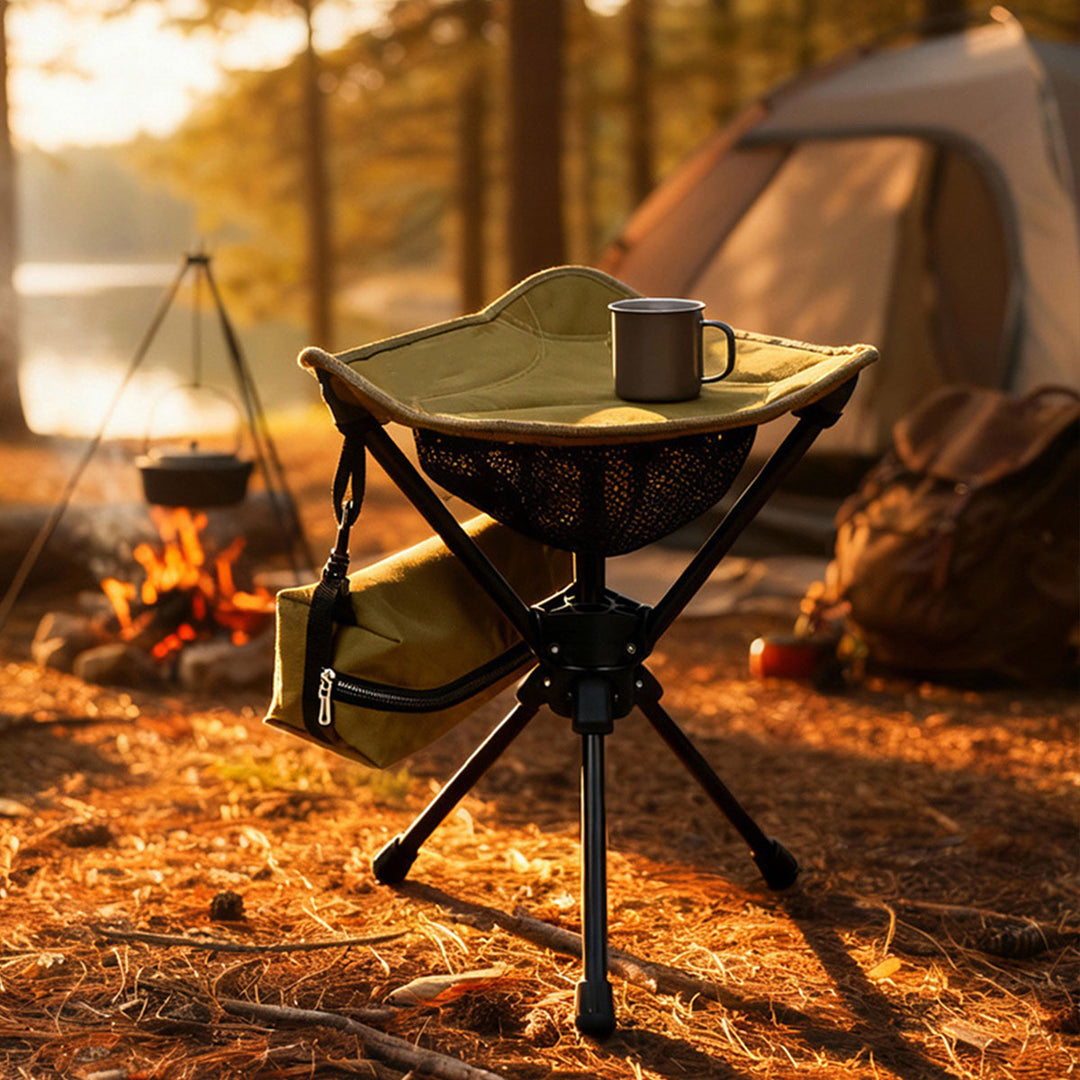 Foldable camping accessory: a rotating stool for comfortable outdoor seating anywhere