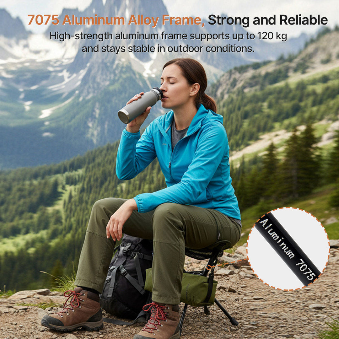 Compact portable camping stool, folds for easy transport, ideal for fishing trips