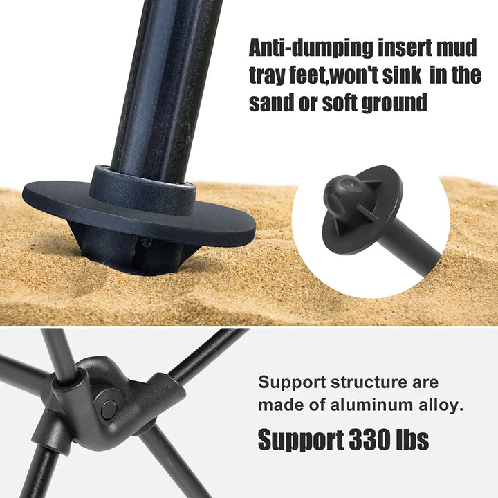 Close-up of the heavy-duty fabric and frame of the folding camping chair, emphasizing durability