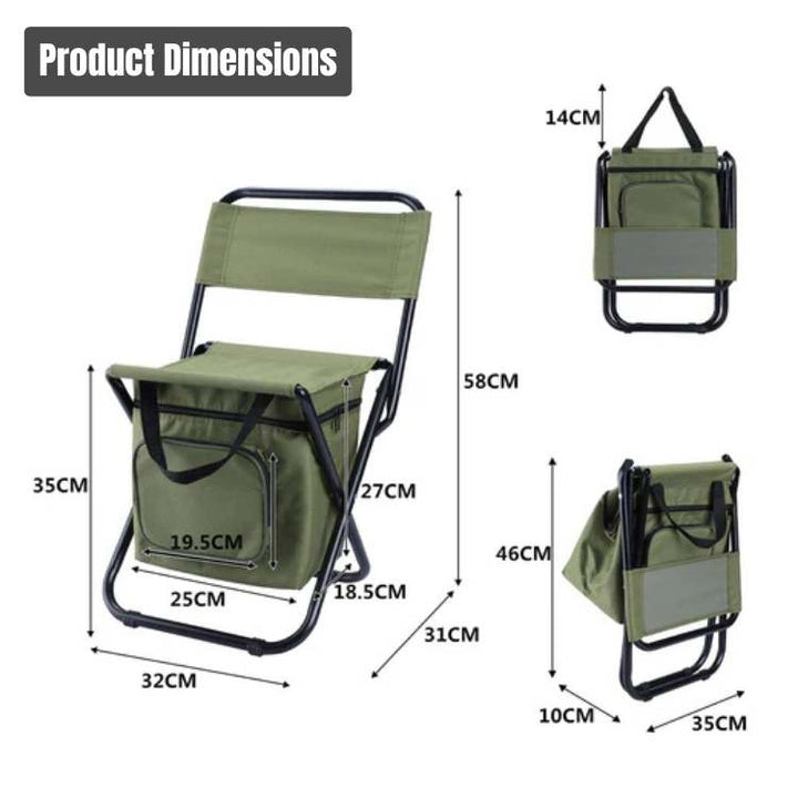 Folding camping chair, a lightweight portable seat with an attached cooler for outdoor relaxation