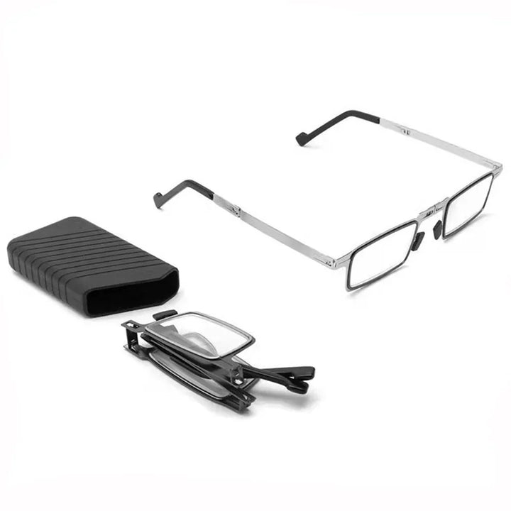 Unisex portable folding reading glasses, compact silver frame with protective travel case.