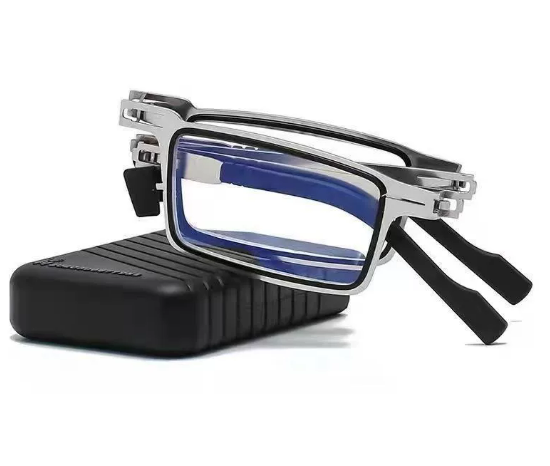 Silver frame folding reading glasses for men & women, ultra-compact design, ideal for travel.