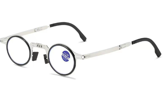 Compact folding spectacles with silver frames, vision aid for reading on-the-go. Protective case included.